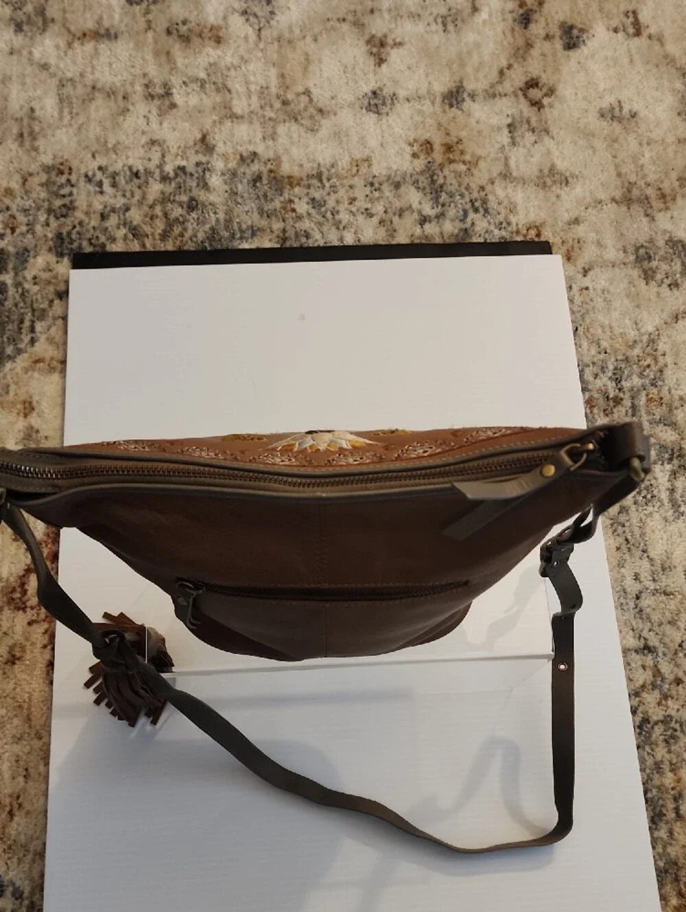Sharif 1827 Egyptian Lotus Hobo/Crossbody Leather Bag. Embroidered Leather. 9×11